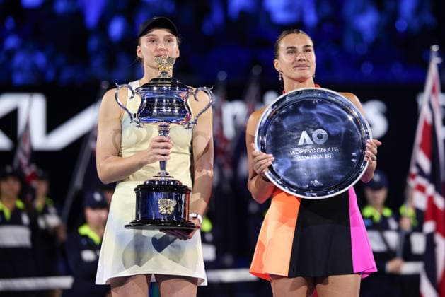 L R Winner Elena Rybakina with trophy and finalist Aryna Sabalenka , Award ceremony, Presentation Ladies Singles, Final, Final, Australian Open 2026 Melbourne Park, Melbourne, Victoria, Australia Copyright: xJuergenxHasenkopfx