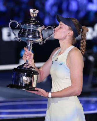 Winner Elena Rybakina with trophy, trophy, Sabalenka, award ceremony, Presentation Ladies Singles, final, final, Australian Open 2026 Melbourne Park, Melbourne, Victoria, Australia Copyright: xJuergenxHasenkopfx