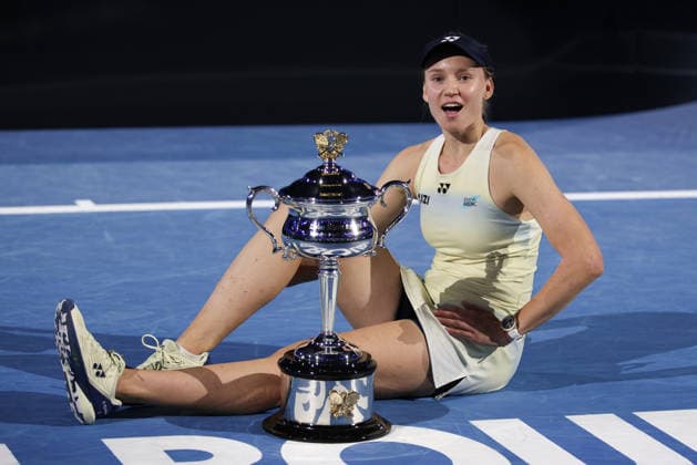 Winner Elena Rybakina with trophy, trophy, Sabalenka, award ceremony, Presentation Ladies Singles, final, final, Australian Open 2026 Melbourne Park, Melbourne, Victoria, Australia Copyright: xJuergenxHasenkopfx