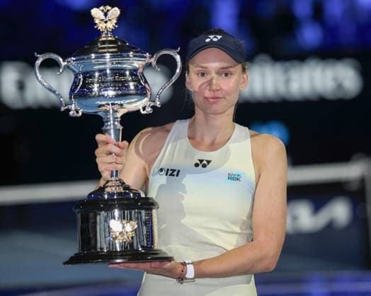 Winner Elena Rybakina with trophy, trophy, Sabalenka, award ceremony, Presentation Ladies Singles, final, final, Australian Open 2026 Melbourne Park, Melbourne, Victoria, Australia Copyright: xJuergenxHasenkopfx