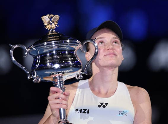 Winner Elena Rybakina with trophy, trophy, Sabalenka, award ceremony, Presentation Ladies Singles, final, final, Australian Open 2026 Melbourne Park, Melbourne, Victoria, Australia Copyright: xJuergenxHasenkopfx