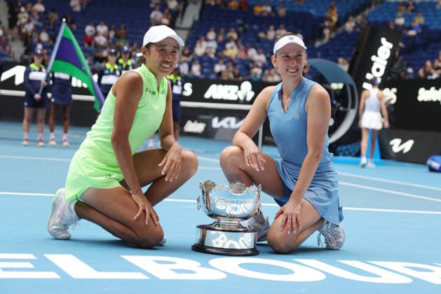 Zhang Shuai yellow , CHN, and Elise Mertens blue , BEL, after womens doubles finals at 2026 Australian Open in Melbourne, 31 01 2026