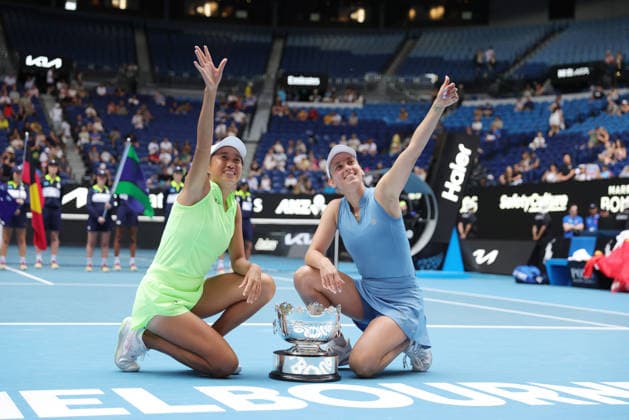 Zhang Shuai yellow , CHN, and Elise Mertens blue , BEL, after womens doubles finals at 2026 Australian Open in Melbourne, 31 01 2026