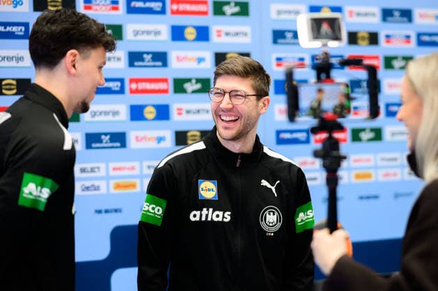 Herning Handball EM 2026 Media Day Germany Marko Grgic Germany , Lukas Zerbe Germany laughing smiling good-humored grinning grinning Herning Jyske Bank Boxing Denmark