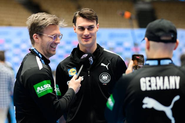 Herning Handball EM 2026 Media Day Germany Franz Semper Germany interviews Miro Schluroff Germany Herning Jyske Bank Boxing Denmark