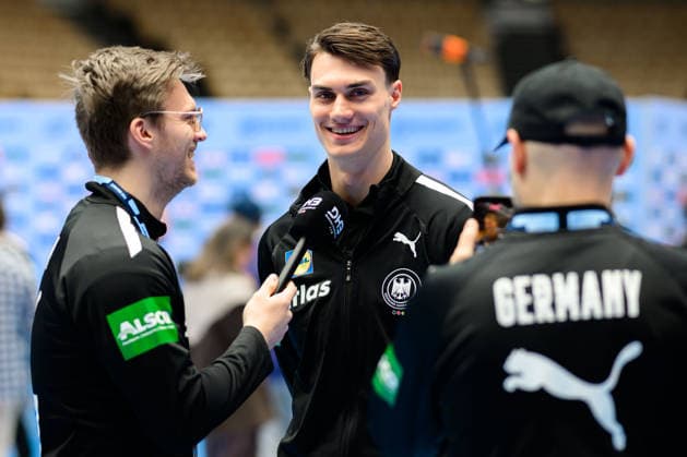 Herning Handball EM 2026 Media Day Germany from left Franz Semper Germany , Miro Schluroff Germany Herning Jyske Bank Boxen Denmark
