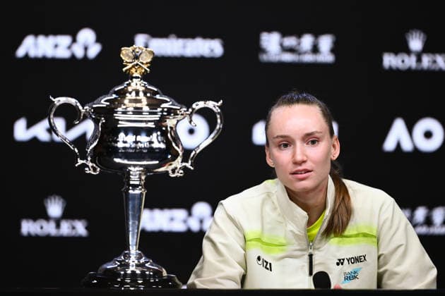 TENNIS AUSTRALIAN OPEN, Elena Rybakina of Kazakhstan speaks at a press conference, PK, Pressekonferenz after winning the women™s singles final against Aryna Sabalenka of Belarus on day 14 of the 2026 Australian Open tennis tournament at Melbourne Park in Melbourne, Saturday, January 31, 2026. ( NO ARCHIVING MELBOURNE VICTORIA AUSTRALIA  Copyright: xJOELxCARRETTx 20260201193999201458