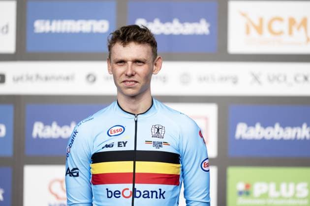 Belgian Aaron Dockx celebrates on the podium after winning the U23 men race at the UCI Cyclocross World Championships, on Saturday 31 January 2026, in Hulst, The Netherlands. DAVIDxPINTENS  x160033687x