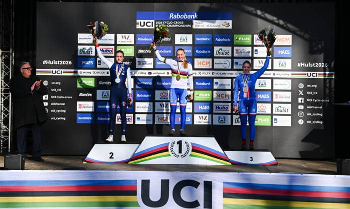 2026 UCI Cyclo-cross World Championships Picture by - 30 01 2026 - Cycling - 2026 UCI Cyclo-cross World Championships - Hulst, Zeeland, Netherlands - Women™s Junior - Podium - Winner Barbora Bukovska (Czechia), 2nd Place Lise Reyol (France), Third Place Lucie Grohova (Czechia) Copyright: x xSWpix.comx(t axPhotographyxHubxLtd)xx SWP-3176-0086