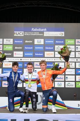 French Aubin Sparfel, Belgian Aaron Dockx and Dutch Keije Solen celebrate on the podium after the U23 men race at the UCI Cyclocross World Championships, on Saturday 31 January 2026, in Hulst, The Netherlands. DAVIDxPINTENS  x160035580x