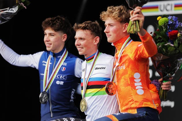 2026 UCI Cyclo-cross World Championships Picture by Alex Whitehead SWpix.com - 30 01 2026 - Cycling - 2026 UCI Cyclo-cross World Championships - Hulst, Zeeland, Netherlands - Men™s Under 23 - Podium - Winner Aaron Dockx (Belgium) 2nd Aubin Sparfel (France) 3rd Keije Solen (Netherlands) Copyright: x xSWpix.comx(t axPhotographyxHubxLtd)xAlexxWhitehead SWpix.comx SWP-3176-0137