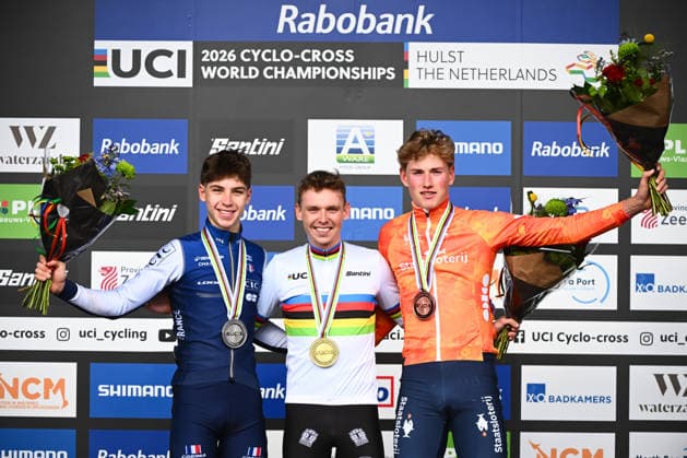 2026 UCI Cyclo-cross World Championships Picture by Simon Wilkinson SWpix.com - 30 01 2026 - Cycling - 2026 UCI Cyclo-cross World Championships - Hulst, Zeeland, Netherlands - Men™s Under 23 - Podium - Winner Aaron Dockx (Belgium) 2nd Aubin Sparfel (France) 3rd Keije Solen (Netherlands) Copyright: x xSWpix.comx(t axPhotographyxHubxLtd)xSimonxWilkinson SWpix.comx SWP-3176-0146