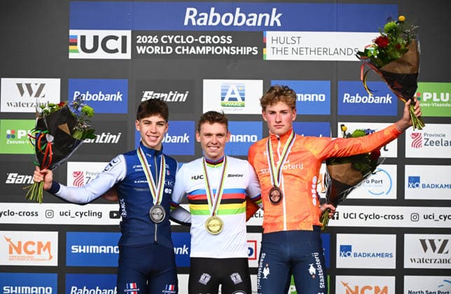 2026 UCI Cyclo-cross World Championships Picture by Simon Wilkinson SWpix.com - 30 01 2026 - Cycling - 2026 UCI Cyclo-cross World Championships - Hulst, Zeeland, Netherlands - Men™s Under 23 - Podium - Winner Aaron Dockx (Belgium) 2nd Aubin Sparfel (France) 3rd Keije Solen (Netherlands) Copyright: x xSWpix.comx(t axPhotographyxHubxLtd)xSimonxWilkinson SWpix.comx SWP-3176-0147
