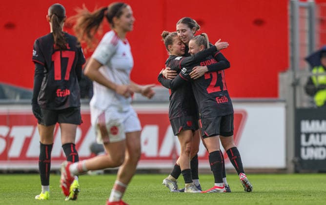 GER, Leverkusen, Bayer Leverkusen vs 1 FC Nürnberg, Google Pixel Womens Bundesliga, Football, DFB, Season 2025 2026, Ulrich Haberland Stadium, 16 Matchday in Picture in Goal, Cheers and Joy, Emotions at Bayer Leverkusen Women, Vanessa Fudalla Bayer Leverkusen Women 21 , Kristin Kögel Bayer Leverkusen 11 DFB DFL REGULATIONS PROHIBIT ANY USE OF PHOTOGRAPHS AS IMAGE SEQUENCES AND OR QUASI VIDEO, 31 01 2026 Copyright: HMBxMedia HendrikxHamelau