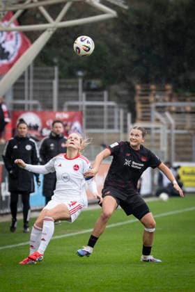 Womens Soccer Bundesliga Bayer 04 Leverkusen 1 FC Nürnberg, 31 01 2026 Luisa Guttenberger 1 FC Nürnberg, 4 and Katharina Piljic Bayer 04 Leverkusen, 6 during the duel Bayer 04 Leverkusen 1 FC Nürnberg on matchday 16 of the Google Pixel Womens Bundesliga on 31 01 2026 at Ulrich Haberland Stadion in Leverkusen Nordrhein Westfalen DFL REGULATIONS PROHIBIT ANY USE OF PHOTOGRAPHS AS IMAGE SEQUENCES AND OR QUASI VIDEO Copyright: xBEAUTIFULxSPORTS AxelxKohringx