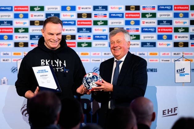 Herning Handball EM 2026 Media Day Germany from left Joachim Schütz, EHF President Michael Wiederer Herning Jyske Bank Boxen Denmark