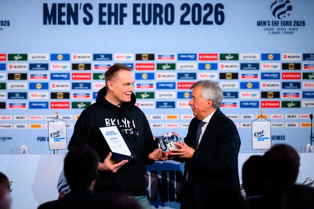 Herning Handball EM 2026 Media Day Germany from left Joachim Schütz, EHF President Michael Wiederer Herning Jyske Bank Boxen Denmark