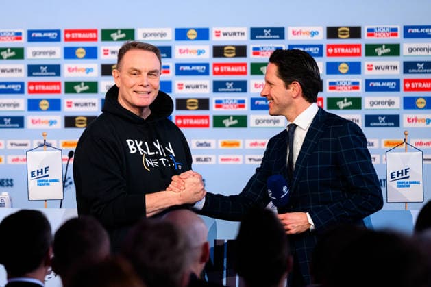Herning Handball EM 2026 Media Day Germany from left Joachim Schütz, Thomas Schöneich, EHF Director Media and Communication Herning Jyske Bank Boxen Denmark
