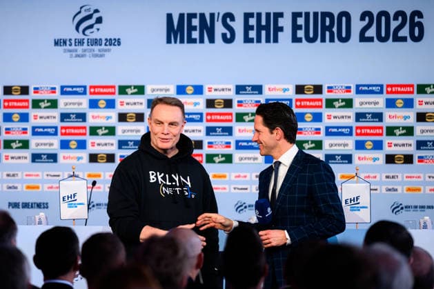 Herning Handball EM 2026 Media Day Germany from left Joachim Schütz, Thomas Schöneich, EHF Director Media and Communication Herning Jyske Bank Boxen Denmark