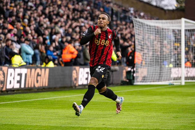 31st January 2026; Molineux Stadium, Wolverhampton, West Midlands, England; Premier League Football, Wolverhampton Wanderers versus Bournemouth; Eli Junior Kroupi of AFC Bournemouth celebrates scoring in the 33rd minute to make the score 0-1  GodfreyxPitt Content restricted for UK based newspaper