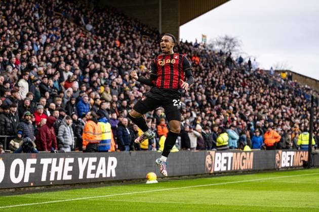31st January 2026; Molineux Stadium, Wolverhampton, West Midlands, England; Premier League Football, Wolverhampton Wanderers versus Bournemouth; Eli Junior Kroupi of AFC Bournemouth celebrates scoring in the 33rd minute to make the score 0-1  GodfreyxPitt Content restricted for UK based newspaper
