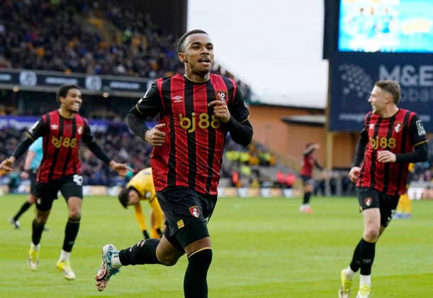 Wolverhampton, England, 31st January 2026. Eli Junior Kroupi of Bournemouth celebrates scoring the first goal during the Wolverhampton Wanderers vs AFC Bournemouth Premier League match at Molineux, Wolverhampton. Picture credit should read: Andrew Yates Sportimage EDITORIAL USE ONLY. No use with unauthorised audio, video, data, fixture lists, club league logos or live services. Online in-match use limited to 120 images, no video emulation. No use in betting, games or single club league player publications. SPI_033_AY_Wolves_Bmouth SPI-4493-0033