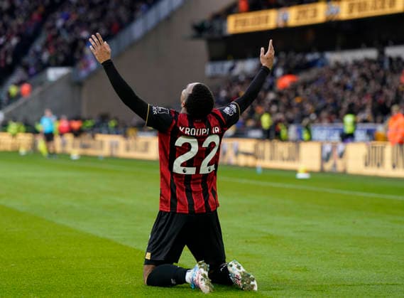 Wolverhampton, England, 31st January 2026. Eli Junior Kroupi of Bournemouth celebrates scoring the first goal during the Wolverhampton Wanderers vs AFC Bournemouth Premier League match at Molineux, Wolverhampton. Picture credit should read: Andrew Yates Sportimage EDITORIAL USE ONLY. No use with unauthorised audio, video, data, fixture lists, club league logos or live services. Online in-match use limited to 120 images, no video emulation. No use in betting, games or single club league player publications. SPI_037_AY_Wolves_Bmouth SPI-4493-0037