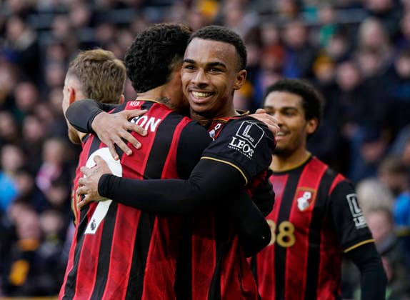 Wolverhampton, England, 31st January 2026. Eli Junior Kroupi of Bournemouth celebrates scoring the first goal during the Wolverhampton Wanderers vs AFC Bournemouth Premier League match at Molineux, Wolverhampton. Picture credit should read: Andrew Yates Sportimage EDITORIAL USE ONLY. No use with unauthorised audio, video, data, fixture lists, club league logos or live services. Online in-match use limited to 120 images, no video emulation. No use in betting, games or single club league player publications. SPI_038_AY_Wolves_Bmouth SPI-4493-0038