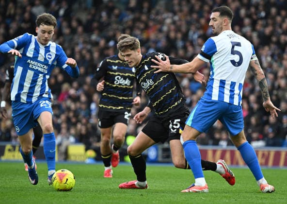 Maxim De Cuyper of Brighton and Lewis Dunk of Brighton team up to block Harrison Armstrong of Everton during the Premier League match between Brighton and Hove Albion and Everton at the American Express Stadium, Brighton UK - Saturday 31st January 2026 Brighton v Everton Premier League Football, Amex Stadium, Sussex, UK - 31 Jan 2026Brighton Amex Stadium Sussex United Kingdom Editorial use only. No merchandising. For Football images FA and Premier League restrictions apply inc. no internet mobile usage without FAPL license - for details contact Football Dataco  Copyright: xLizxFinlayson TPI Shutterstockx 16497437y