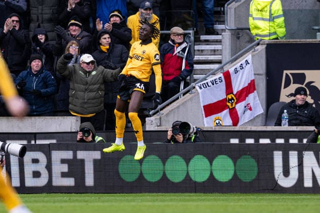 31st January 2026; Molineux Stadium, Wolverhampton, West Midlands, England; Premier League Football, Wolverhampton Wanderers versus Bournemouth; Mateus Mane of Wolverhampton Wanderers leaps for joy but his goal is disallowed for offside  GodfreyxPitt Content restricted for UK based newspaper
