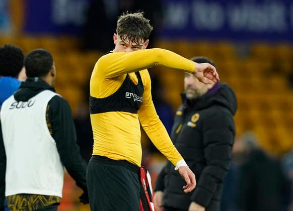 Wolverhampton, England, 31st January 2026. Jorgen Strand Larsen of Wolverhampton Wanderers reflects on his chances to score during the Wolverhampton Wanderers vs AFC Bournemouth Premier League match at Molineux, Wolverhampton. Picture credit should read: Andrew Yates Sportimage EDITORIAL USE ONLY. No use with unauthorised audio, video, data, fixture lists, club league logos or live services. Online in-match use limited to 120 images, no video emulation. No use in betting, games or single club league player publications. SPI_065_AY_Wolves_Bmouth SPI-4493-0063