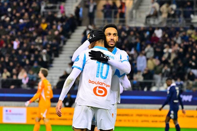 FOOTBALL : Paris FC vs Marseille - Ligue 1 - 31 01 2026 Pierre Emerick Aubameyang ( 97 - Olympique Marseille ) celebrates with Mason Greenwood ( 10 - Olympique Marseille ) during the Ligue 1 match between Paris FC and Olympique de Marseille at Stade Jean Bouin on January 31, 2026 in Paris, France. ( Photo by Federico Pestellini PsnewZ ) - ParisFrance  Copyright: xFedericoxPestellinix