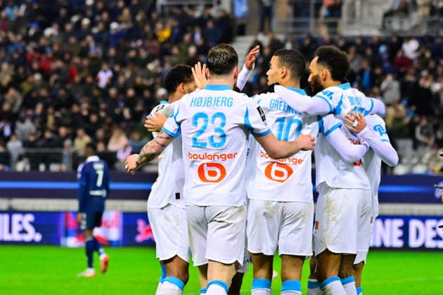 FOOTBALL : Paris FC vs Marseille - Ligue 1 - 31 01 2026 Pierre Emerick Aubameyang ( 97 - Olympique Marseille ) celebrates with teammates during the Ligue 1 match between Paris FC and Olympique de Marseille at Stade Jean Bouin on January 31, 2026 in Paris, France. ( Photo by Federico Pestellini PsnewZ ) - ParisFrance  Copyright: xFedericoxPestellinix