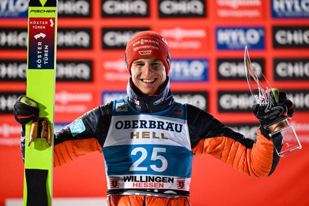 GEIGER Karl (GER) freut sich über seinen Dritten Platz, GER, FIS Viessmsann Skisprung Weltcup Willingen, Männer, 31.01.2026. GER, FIS Viessmsann Skisprung Weltcup Willingen, Männer Willingen *** GEIGER Karl GER is happy about his third place, GER, FIS Viessmann Ski Jumping World Cup Willingen, Men, 31 01 2026 GER, FIS Viessmann Ski Jumping World Cup Willingen, Men Willingen Copyright: xEibner-Pressefoto FlorianxWiegandx EP_FWD
