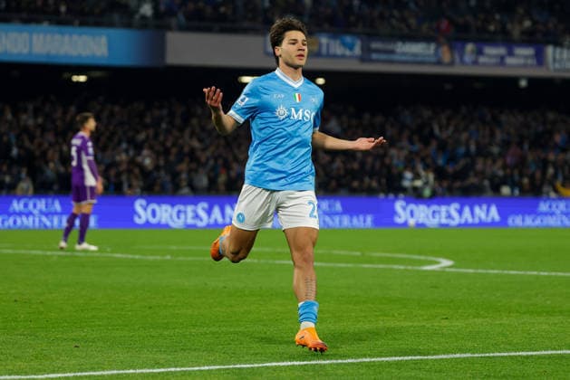 Napoli™s Antonio Vergara celebrates after scoring goal 1-0 during the Serie A soccer match between Napoli and Fiorentina at the Diego Armando Maradona Stadium in Naples, southern italy - Saturday , January 31 , 2026. - Soccer .  Copyright: xAlessandroxGarofalo LaPressex