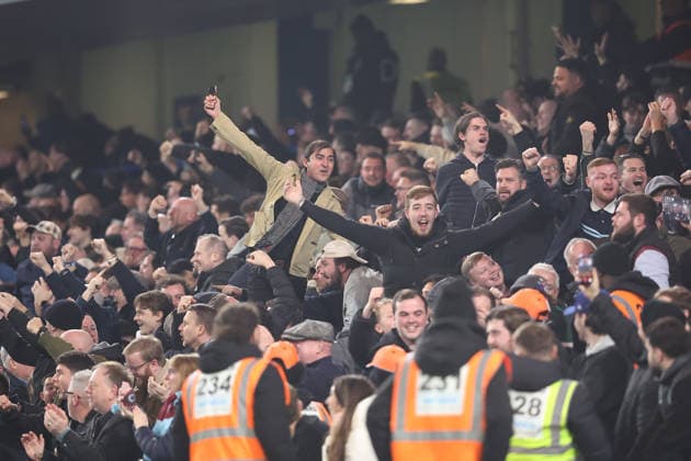 31st January 2026; Stamford Bridge, Chelsea, London, England: Premier League Football, Chelsea versus West Ham United; West Ham United fans celebrate their team goal by Jarrod Bowen in the 7th minute for 0-1  KatiexChan Content restricted for UK based newspaper