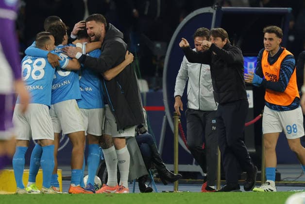 Napoli™s Miguel Gutierrez celebrates after scoring goal 2-0 for Napoli™s head coach Antonio Conte during the Serie A soccer match between Napoli and Fiorentina at the Diego Armando Maradona Stadium in Naples, southern italy - Saturday , January 31 , 2026. - Soccer .  Copyright: xAlessandroxGarofalo LaPressex
