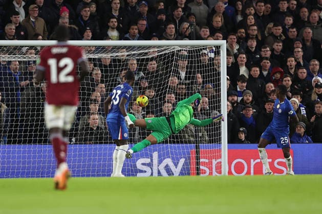 31st January 2026; Stamford Bridge, Chelsea, London, England: Premier League Football, Chelsea versus West Ham United; goalkeeper Robert Sanchez of Chelsea dives but is unable to stop the shot from Crysencio Summerville of West Ham United for a goal in the 36th minute for 0-2  KatiexChan Content restricted for UK based newspaper