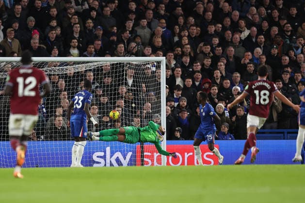 31st January 2026; Stamford Bridge, Chelsea, London, England: Premier League Football, Chelsea versus West Ham United; goalkeeper Robert Sanchez of Chelsea dives but is unable to stop the shot from Crysencio Summerville of West Ham United for a goal in the 36th minute for 0-2  KatiexChan Content restricted for UK based newspaper