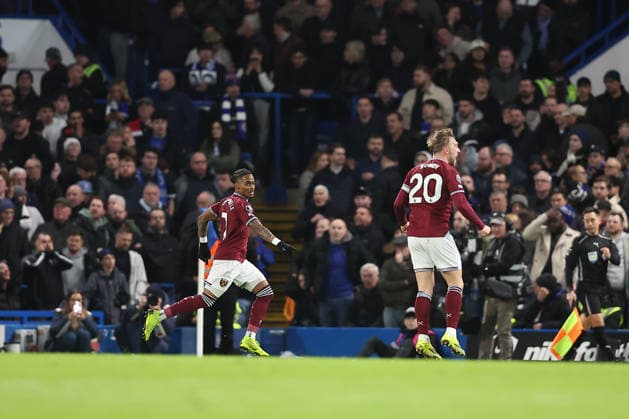 31st January 2026; Stamford Bridge, Chelsea, London, England: Premier League Football, Chelsea versus West Ham United; Crysencio Summerville of West Ham United celebrates his goal in the 36th minute for 0-2  KatiexChan Content restricted for UK based newspaper