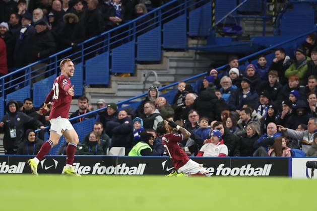 31st January 2026; Stamford Bridge, Chelsea, London, England: Premier League Football, Chelsea versus West Ham United; Crysencio Summerville of West Ham United celebrates his goal in the 36th minute for 0-2  KatiexChan Content restricted for UK based newspaper