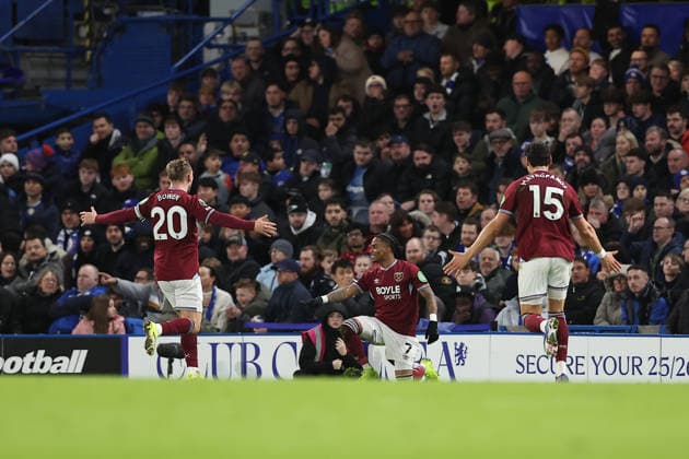 31st January 2026; Stamford Bridge, Chelsea, London, England: Premier League Football, Chelsea versus West Ham United; Crysencio Summerville of West Ham United celebrates his goal in the 36th minute for 0-2  KatiexChan Content restricted for UK based newspaper