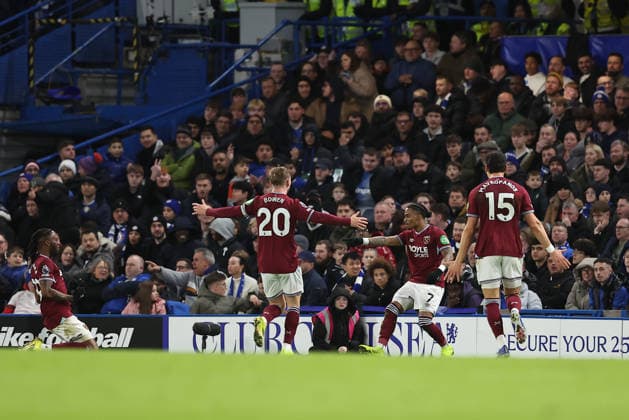31st January 2026; Stamford Bridge, Chelsea, London, England: Premier League Football, Chelsea versus West Ham United; Crysencio Summerville of West Ham United celebrates his goal in the 36th minute for 0-2  KatiexChan Content restricted for UK based newspaper