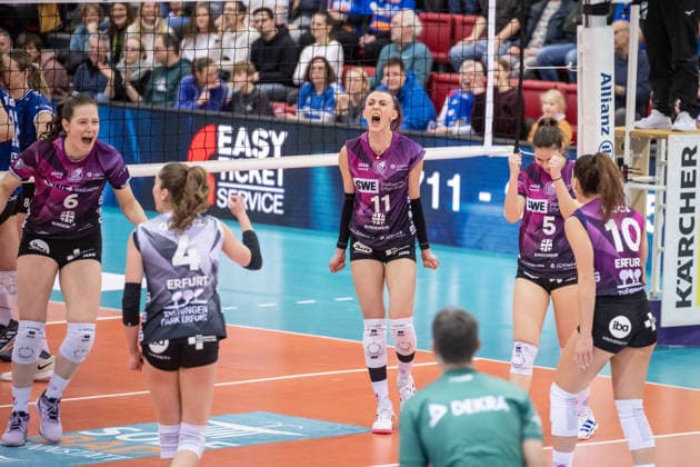 Isabel Kovacic Schwarze Weiss Erfurt, 11 and team There were also moments of jubilation, joy and celebration GER, Allianz MTV Stuttgart Schwarz Weiss Erfurt, Volleyball Bundesliga, VBL, 2025 2026 season, 31 01 2026 GER, Allianz MTV Stuttgart Schwarz Weiss Erfurt, Volleyball Bundesliga, VBL, 2025 2026 season, 31 01 2026 Stuttgart Copyright: xSandyxDinkelackerx EP_SDR