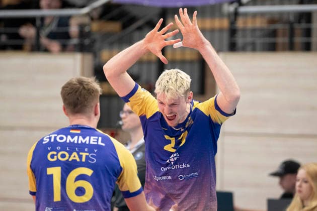 1 Volleyball Bundesliga Season 2025 2026 Cerebricks Volley Goats Mitteldeutschland vs Barock Volleys MTV Ludwigsburg Halle, Germany January 31, 2026 In the picture from left Paul Stommel Bitterfeld and Samuel Schellenberg Bitterfeld Halle Saale swh Arena Sachsen Anhalt Germany