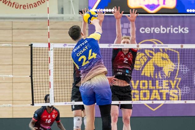 1 Volleyball Bundesliga Season 2025 2026 Cerebricks Volley Goats Mitteldeutschland vs Barock Volleys MTV Ludwigsburg Halle, Germany January 31, 2026 Pictured from left Clay Wieter Bitterfeld and Philipp Herrmann Ludwigsburg Halle Saale swh Arena Sachsen Anhalt Germany