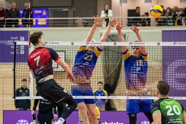 1 Volleyball Bundesliga Season 2025 2026 Cerebricks Volley Goats Mitteldeutschland vs Barock Volleys MTV Ludwigsburg Halle, Germany January 31, 2026 Pictured from left Tim Köpfli Knoepfli Ludwigsburg , Samuel Schellenberg Bitterfeld and Nick Breitenbach Bitterfeld Halle Saale swh Arena Sachsen Anhalt Germany