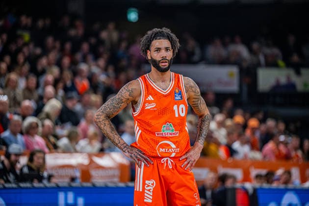 1 Basketball Bundesliga, easyCredit BBL, Season 2025 2026, Men, Main Round, Matchday 18, 31 01 2026, RASTA Vechta Frankfurt Skyliners Tevin Brown 10 RASTA Vechta during the game Vechta RASTA Dome Lower Saxony Germany
