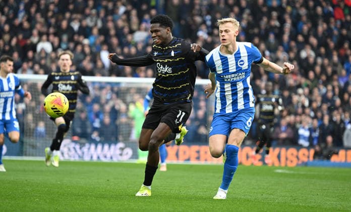 Thierno Barry of Everton and Jan Paul van Hecke of Brighton chase down the ball during the Premier League match between Brighton and Hove Albion and Everton at the American Express Stadium, Brighton UK - Saturday 31st January 2026 Brighton v Everton Premier League Football, Amex Stadium, Sussex, UK - 31 Jan 2026Brighton Amex Stadium Sussex United Kingdom Editorial use only. No merchandising. For Football images FA and Premier League restrictions apply inc. no internet mobile usage without FAPL license - for details contact Football Dataco  Copyright: xLizxFinlayson TPI Shutterstockx 16497437cc