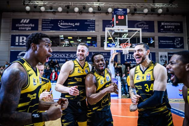 easycredit BBL Basketball Bundesliga 2025 2026 18 Matchday 31 01 2026 Science City Jena vs MHP RIESEN Ludwigsburg Great jubilation among the Ludwigsburg players after the victory in Jena Sparkassen Arena